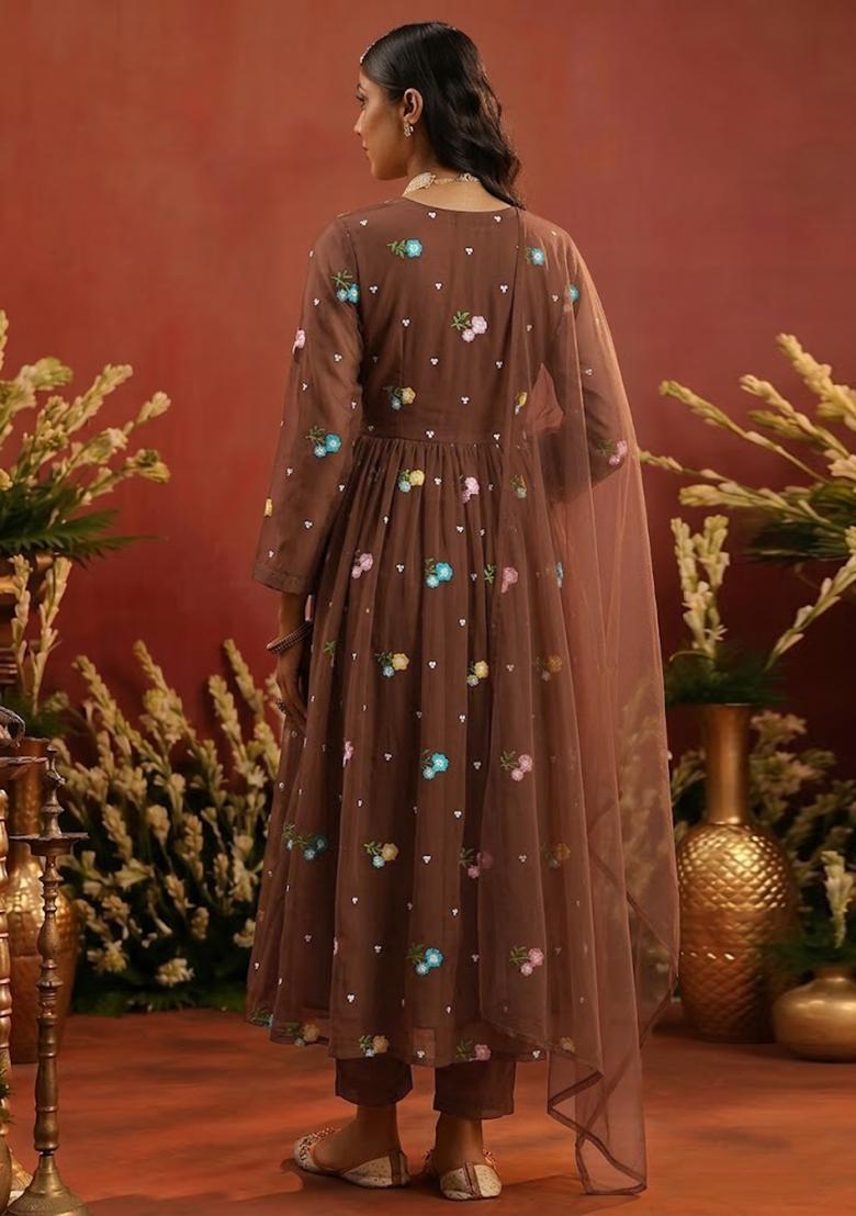 Brown Embroidered Chanderi Anarkali Set - Indya