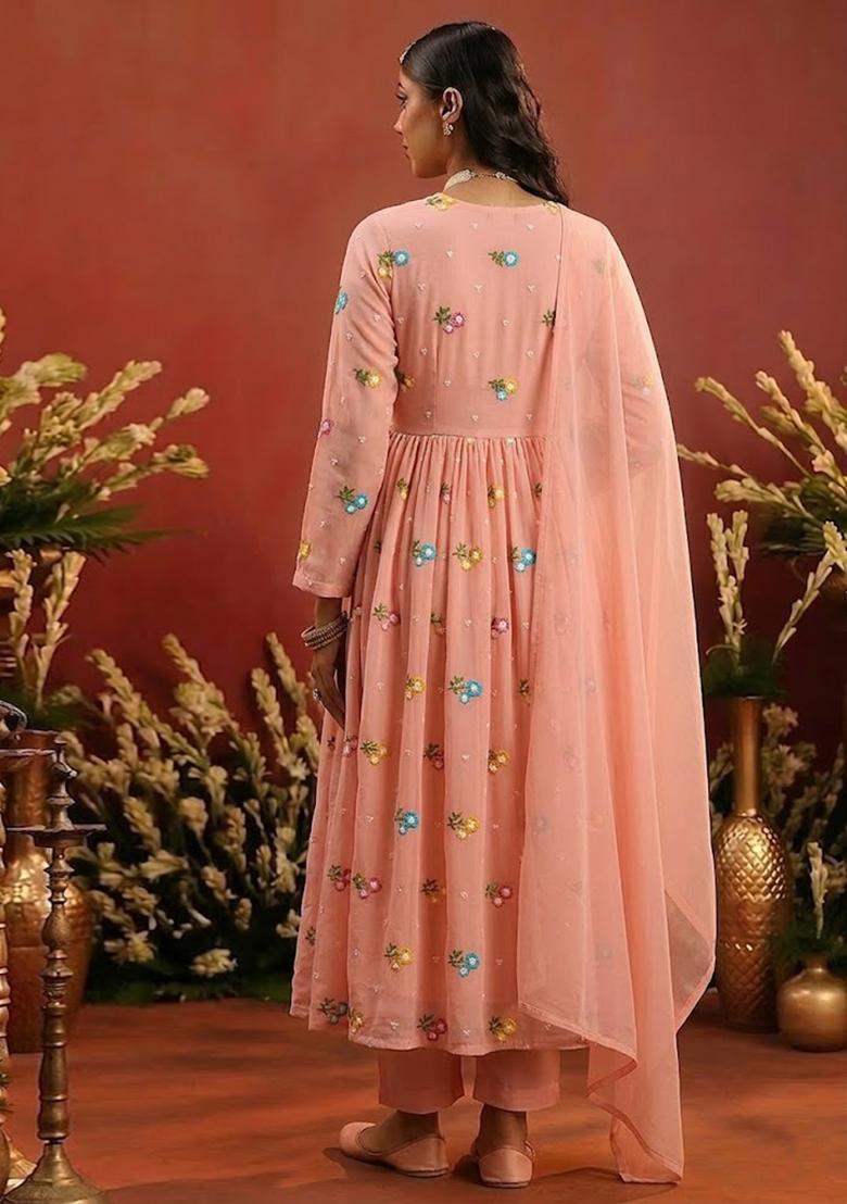 Peach Embroidered Chanderi Anarkali Set - Indya