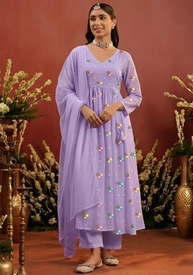 Lavender Embroidered Chanderi Anarkali Set