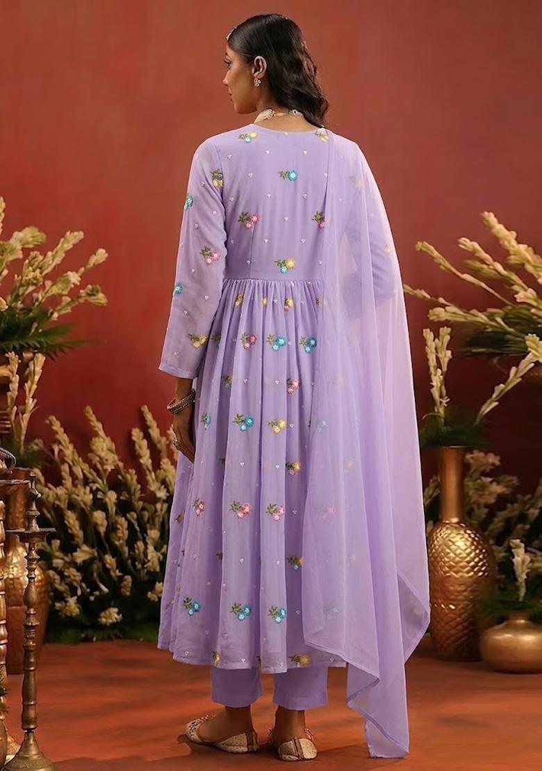 Lavender Embroidered Chanderi Anarkali Set - Indya