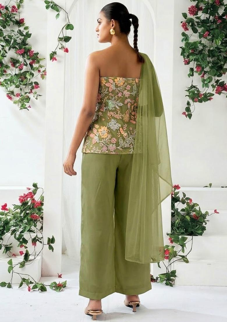 Olive Green Sequin Crepe Sharara Set - Indya