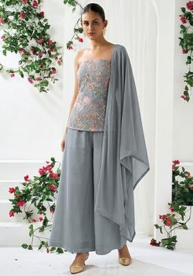 Grey Sequin Crepe Sharara Set