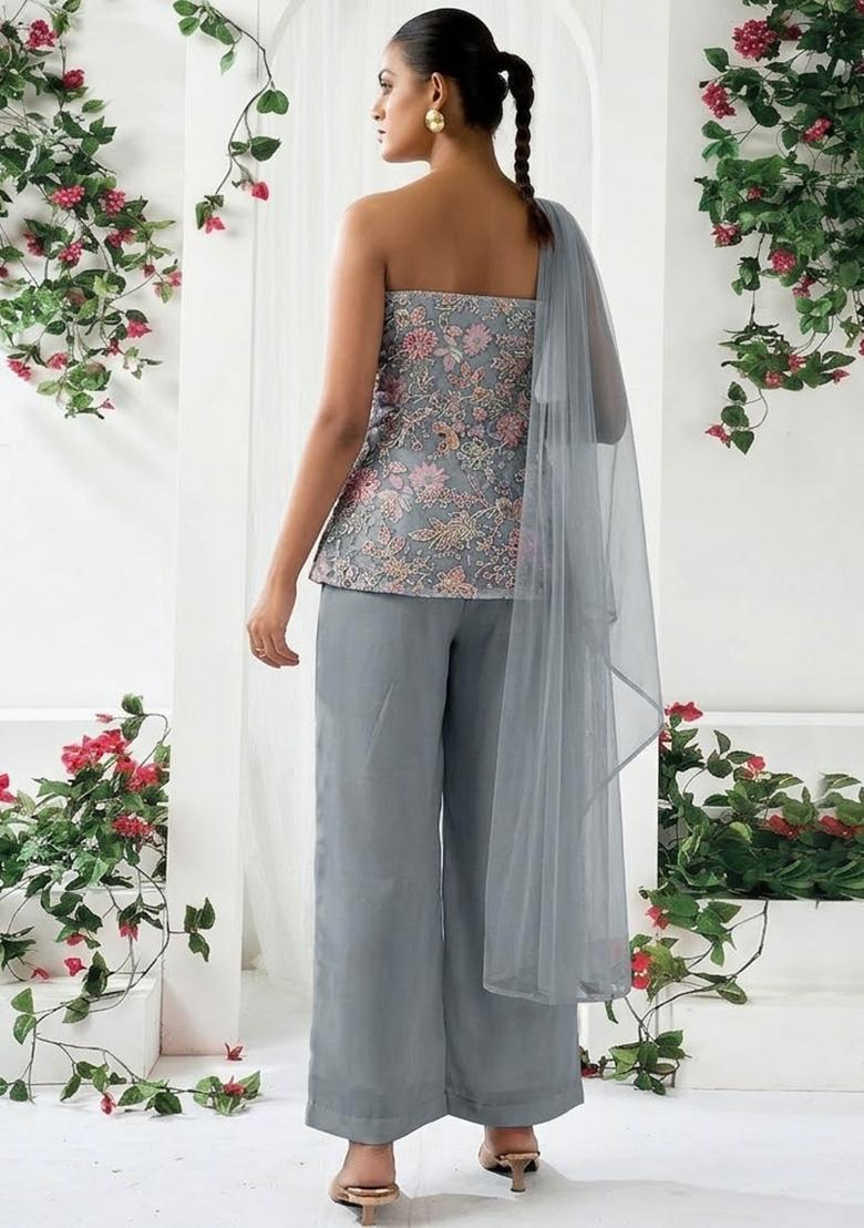 Grey Sequin Crepe Sharara Set - Indya