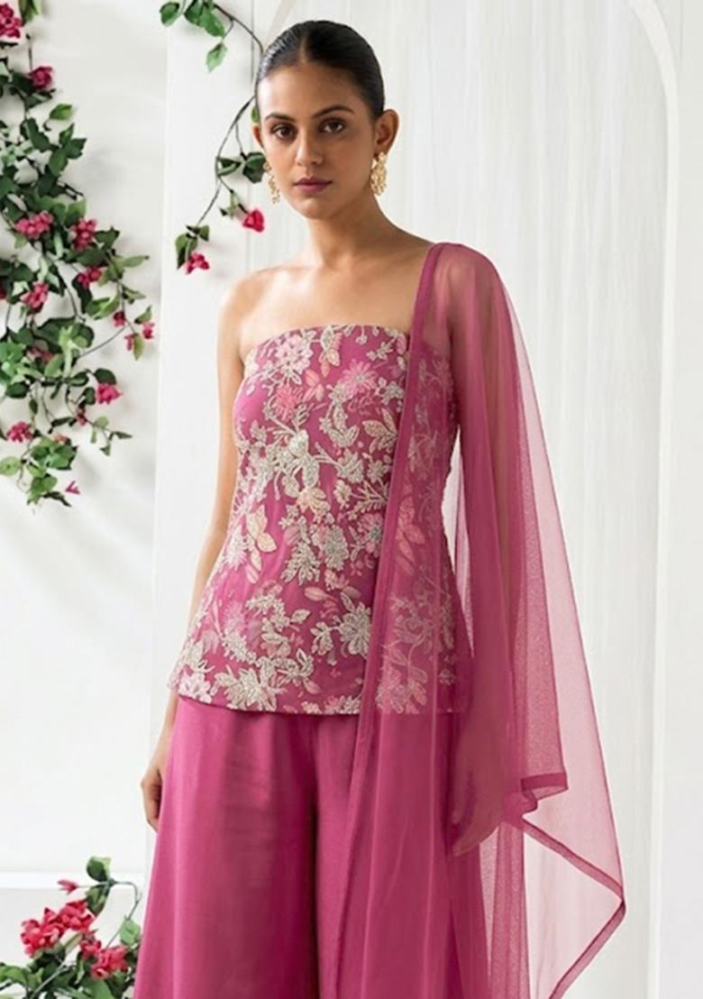 Pink Sequin Crepe Sharara Set - Indya