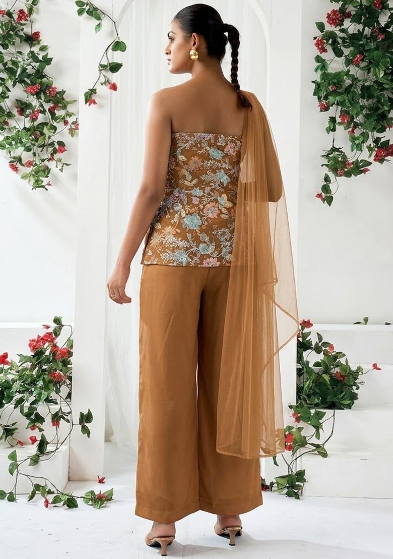 Brown Sequin Crepe Sharara Set - Indya