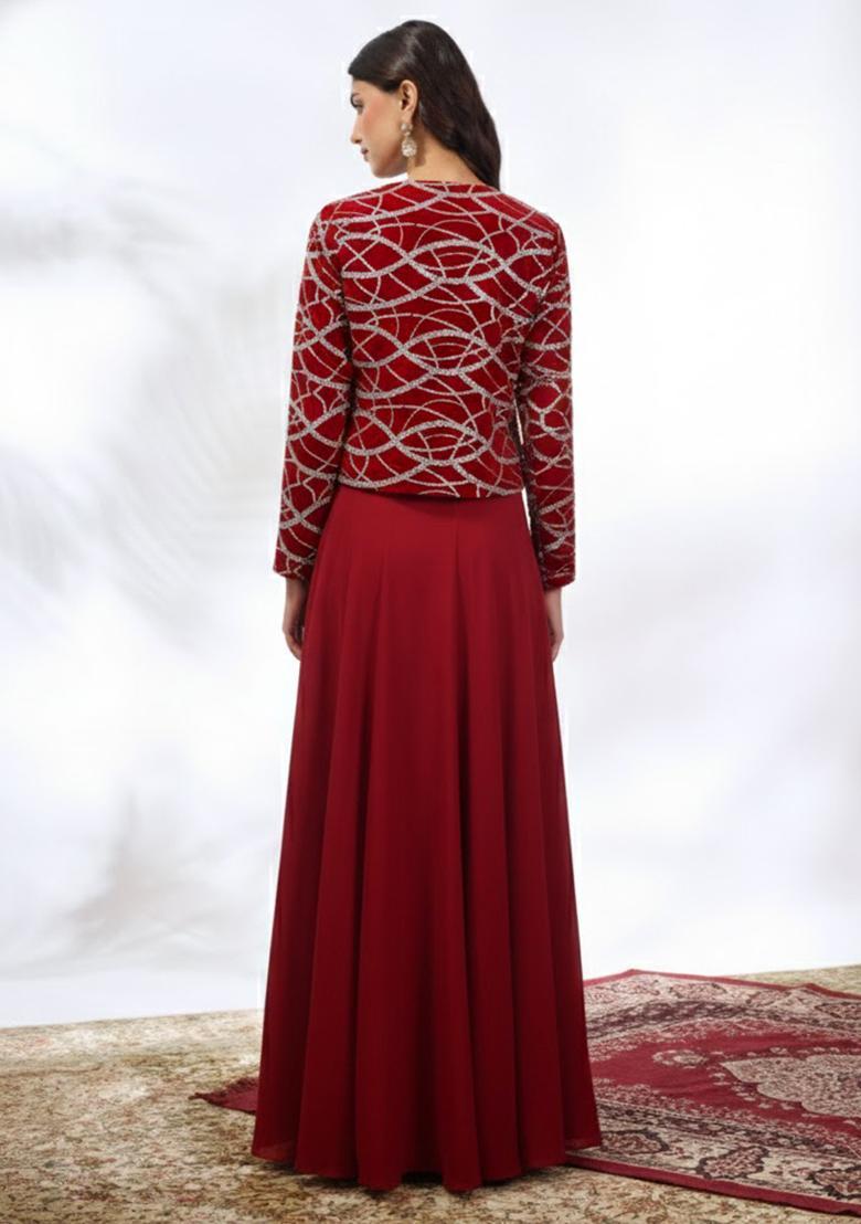 Deep Red Embroidered Georgette Fusion Set - Indya