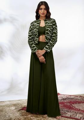 Olive Green Embroidered Georgette Fusion Set