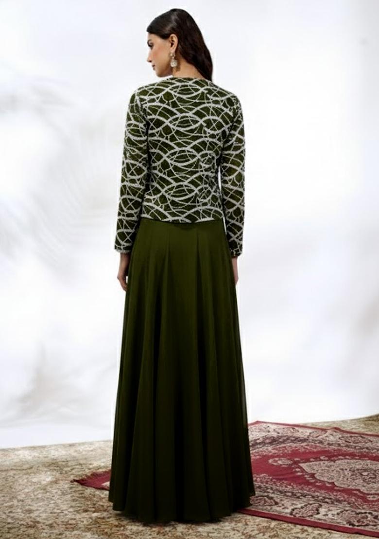 Olive Green Embroidered Georgette Fusion Set - Indya
