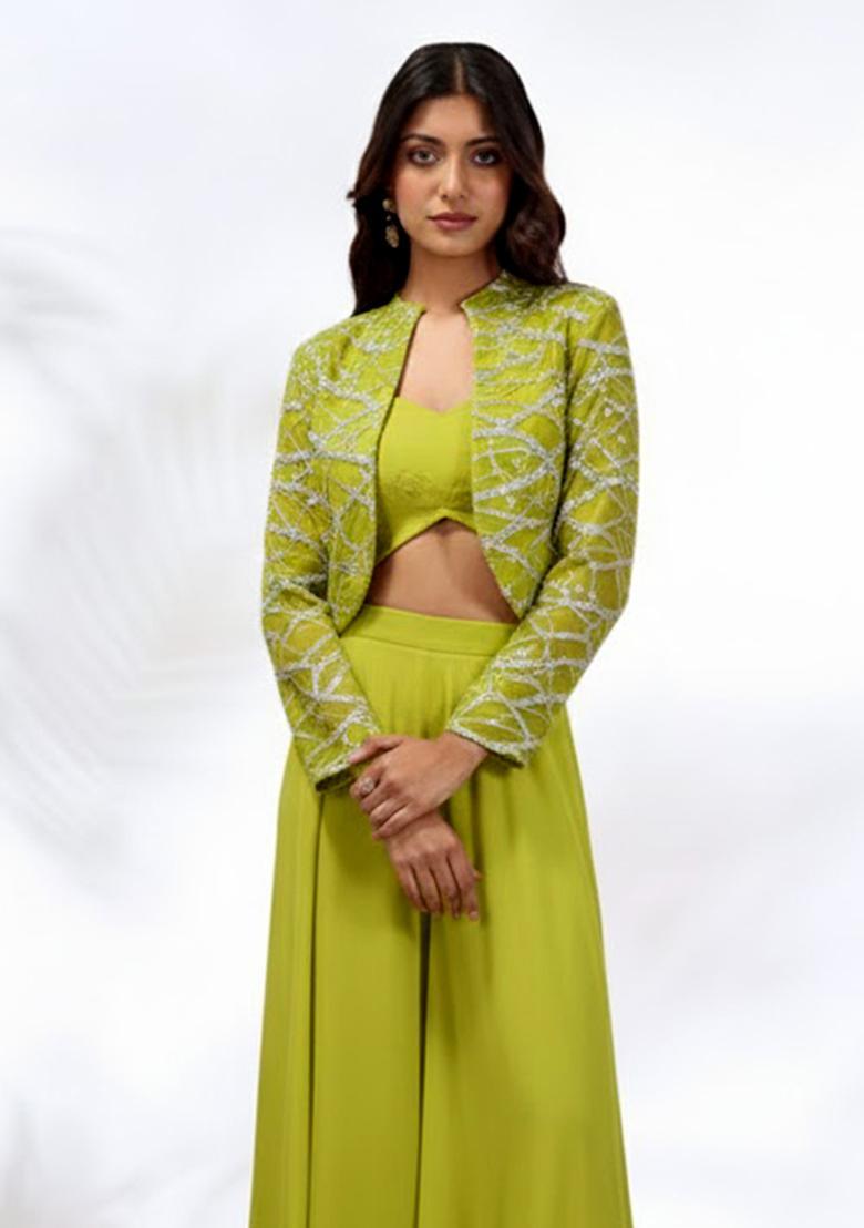 Lime Green Embroidered Georgette Fusion Set - Indya
