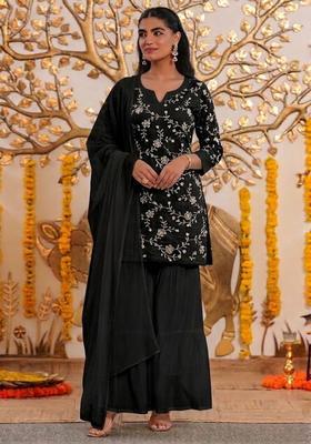 Black Embroidered Chanderi Sharara Set