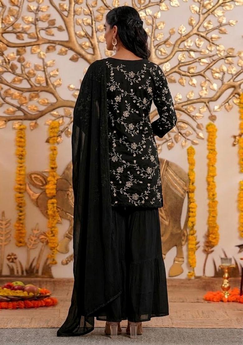 Black Embroidered Chanderi Sharara Set - Indya
