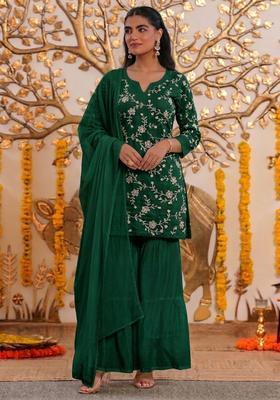 Green Embroidered Chanderi Sharara Set