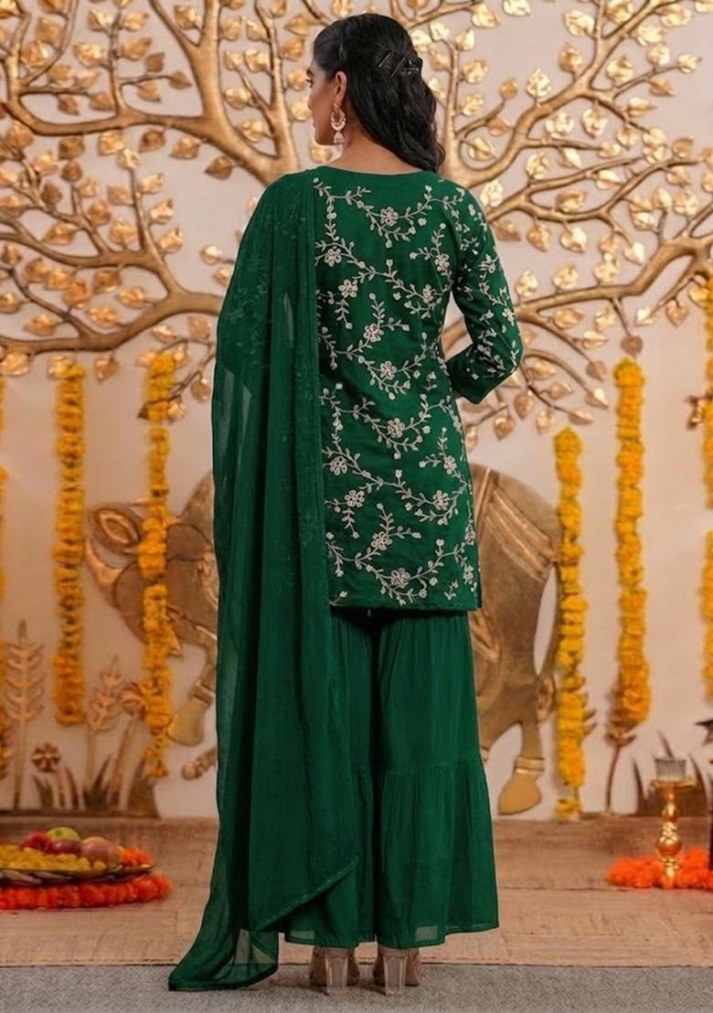 Green Embroidered Chanderi Sharara Set - Indya