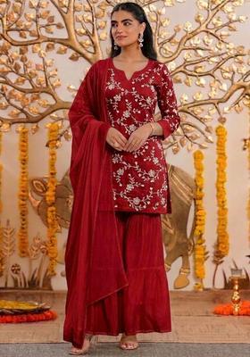 Red Embroidered Chanderi Sharara Set