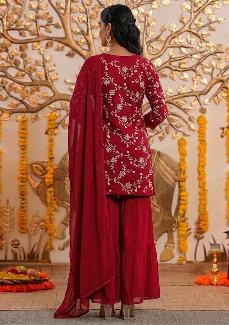 Red Embroidered Chanderi Sharara Set - Indya