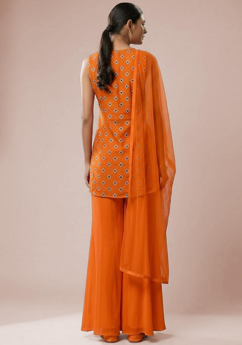 Orange Booti Print Chinon Sharara Set - Indya