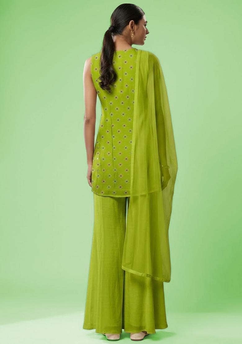Lime Green Booti Print Chinon Sharara Set - Indya