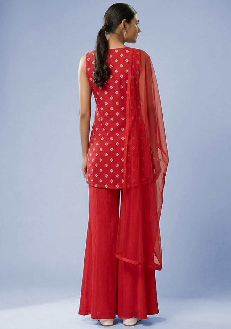 Red Booti Print Chinon Sharara Set - Indya