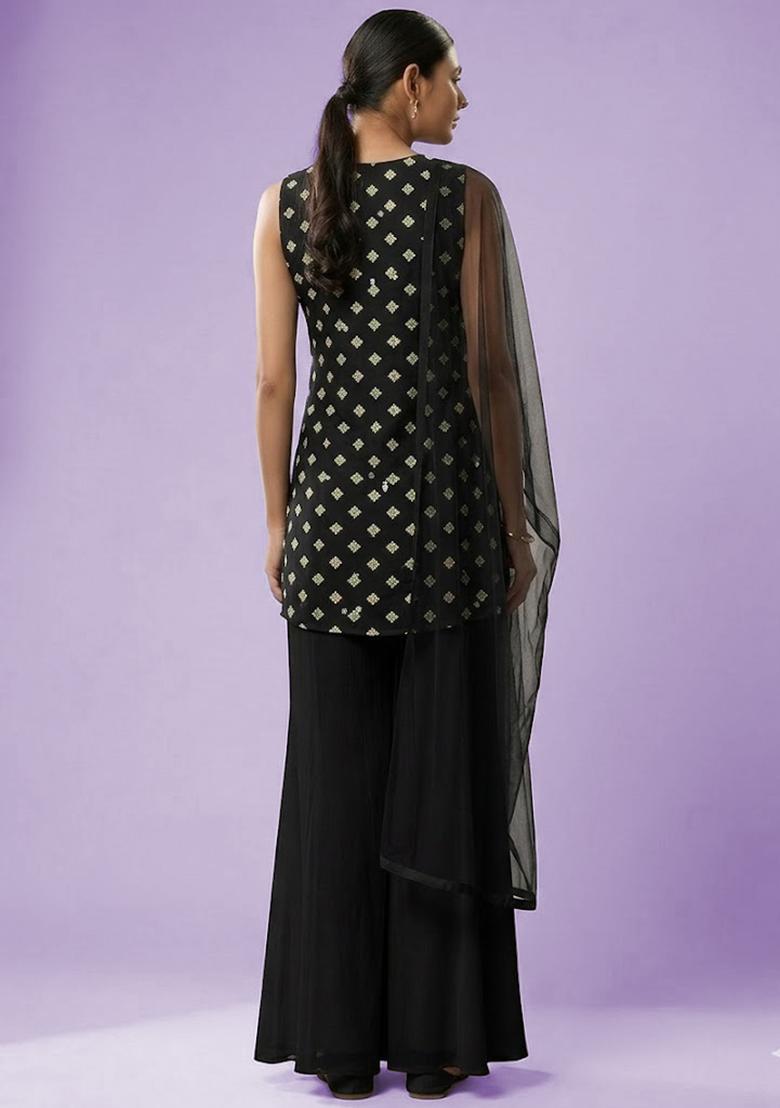 Black Booti Print Chinon Sharara Set - Indya