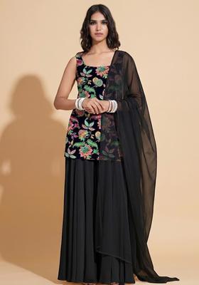Black Sequin Crepe Sharara Set
