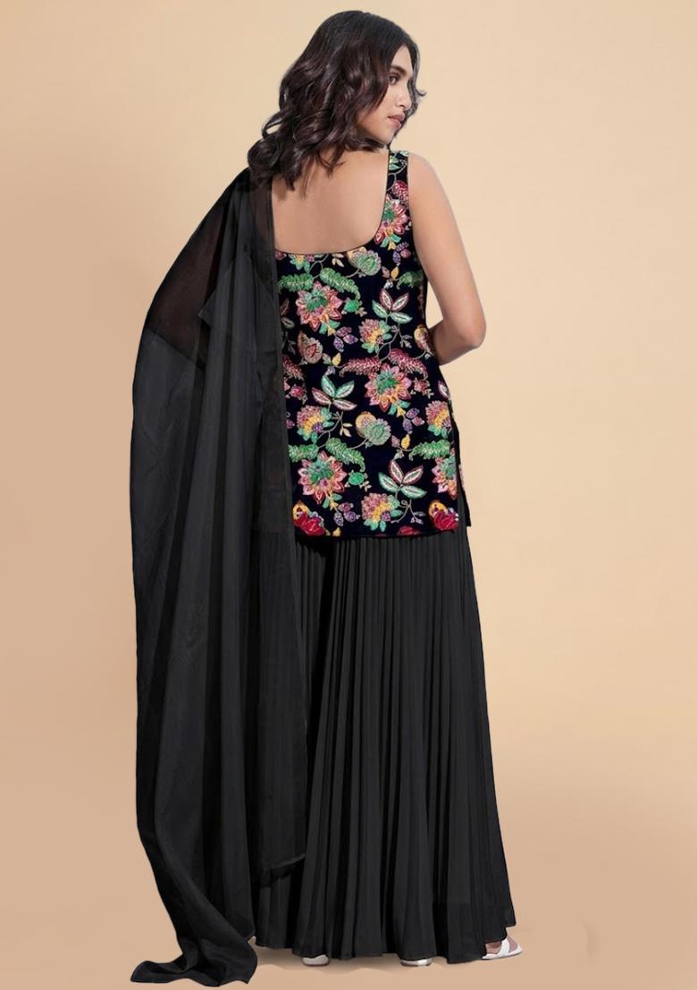 Black Sequin Crepe Sharara Set - Indya