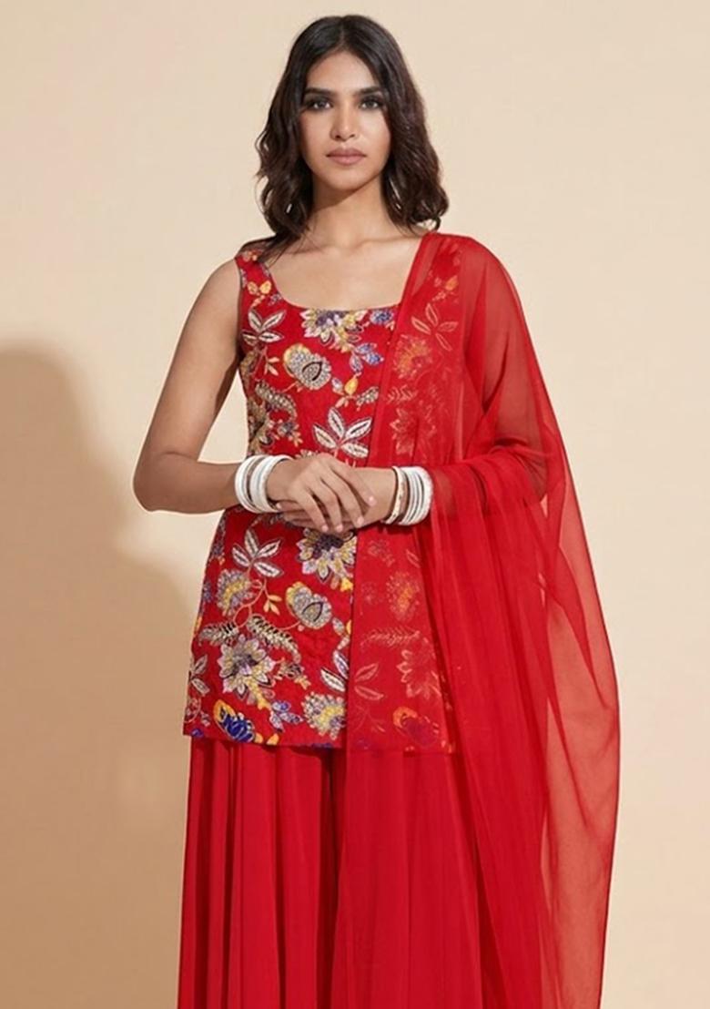 Red Sequin Crepe Sharara Set - Indya
