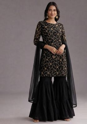 Black Sequin Crepe Sharara Set