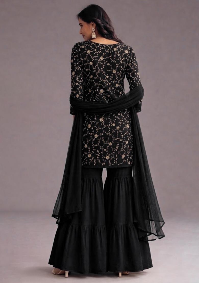 Black Sequin Crepe Sharara Set - Indya