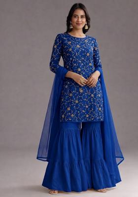 Blue Sequin Crepe Sharara Set