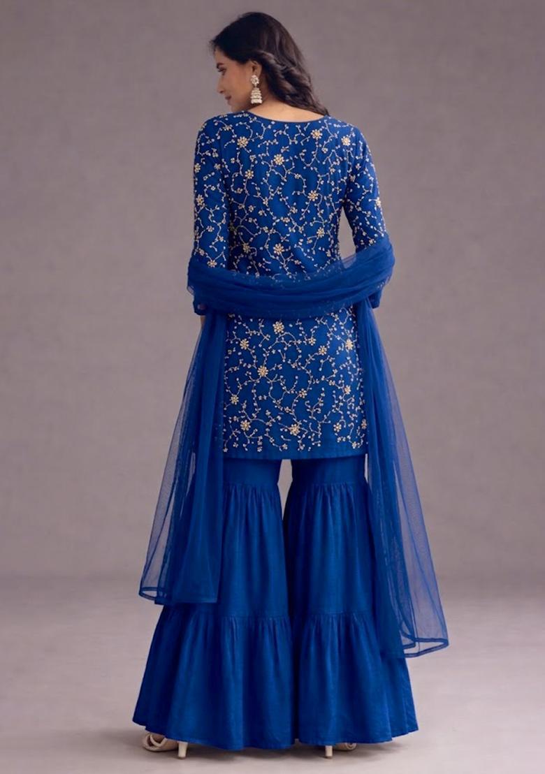 Blue Sequin Crepe Sharara Set - Indya
