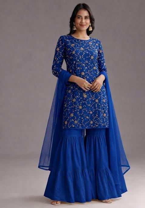 Blue Sequin Crepe Sharara Set