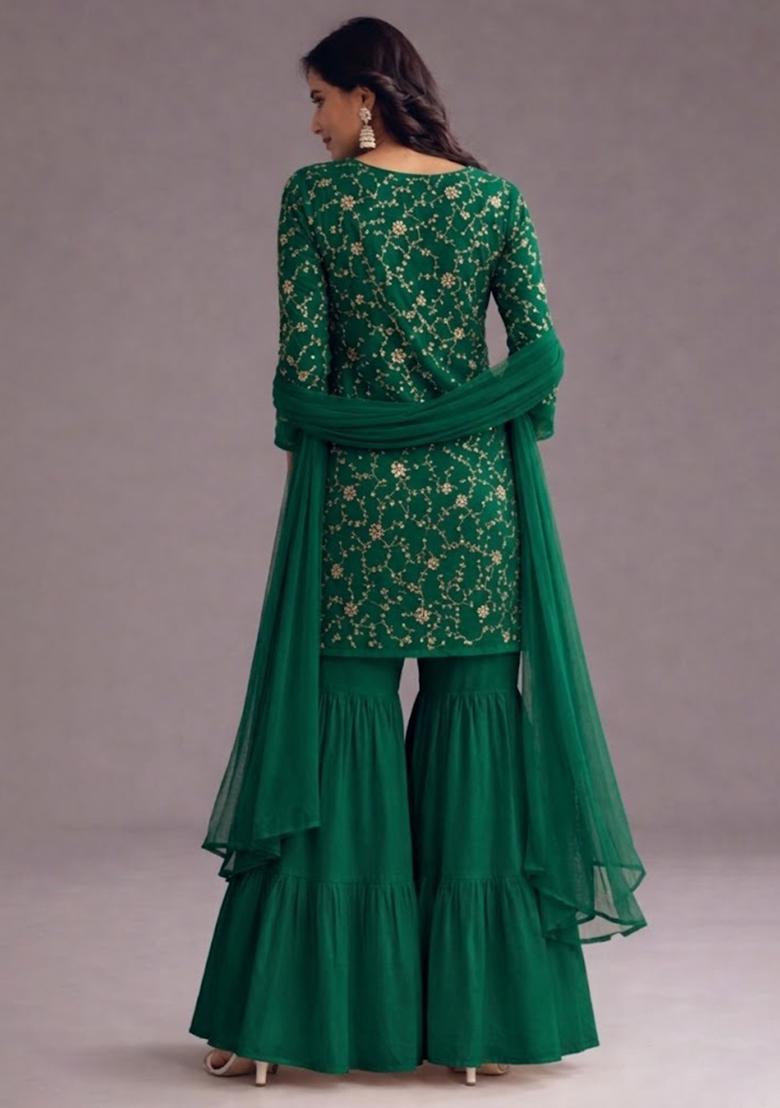 Green Sequin Crepe Sharara Set - Indya