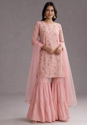 Pink Sequin Crepe Sharara Set
