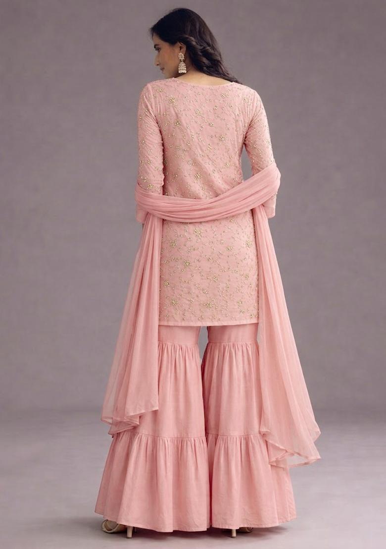 Pink Sequin Crepe Sharara Set - Indya