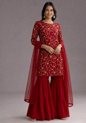 Red Sequin Crepe Sharara Set