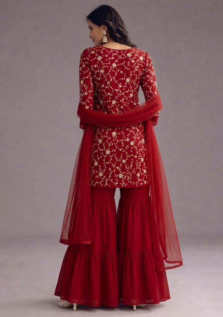 Red Sequin Crepe Sharara Set - Indya