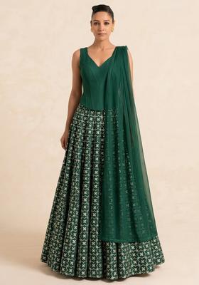 Dark Green Silk Blend Lehenga Set