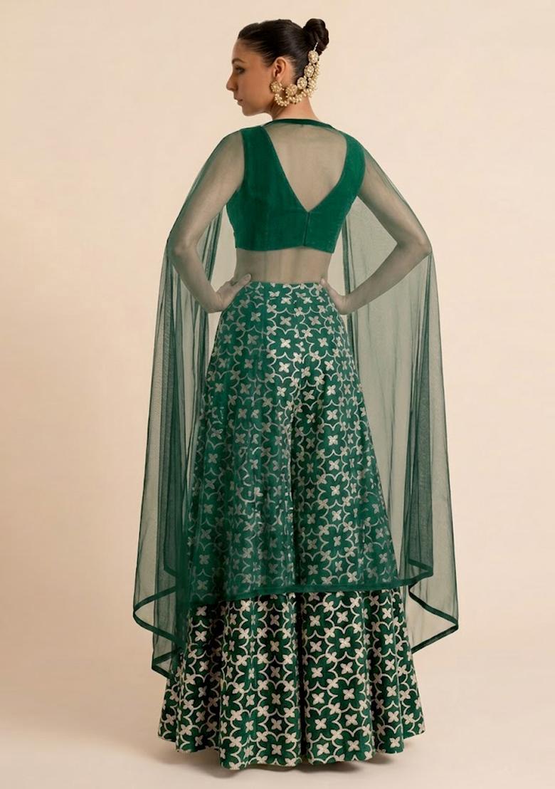 Dark Green Silk Blend Lehenga Set - Indya