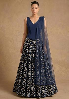 Navy Blue Silk Blend Lehenga Set