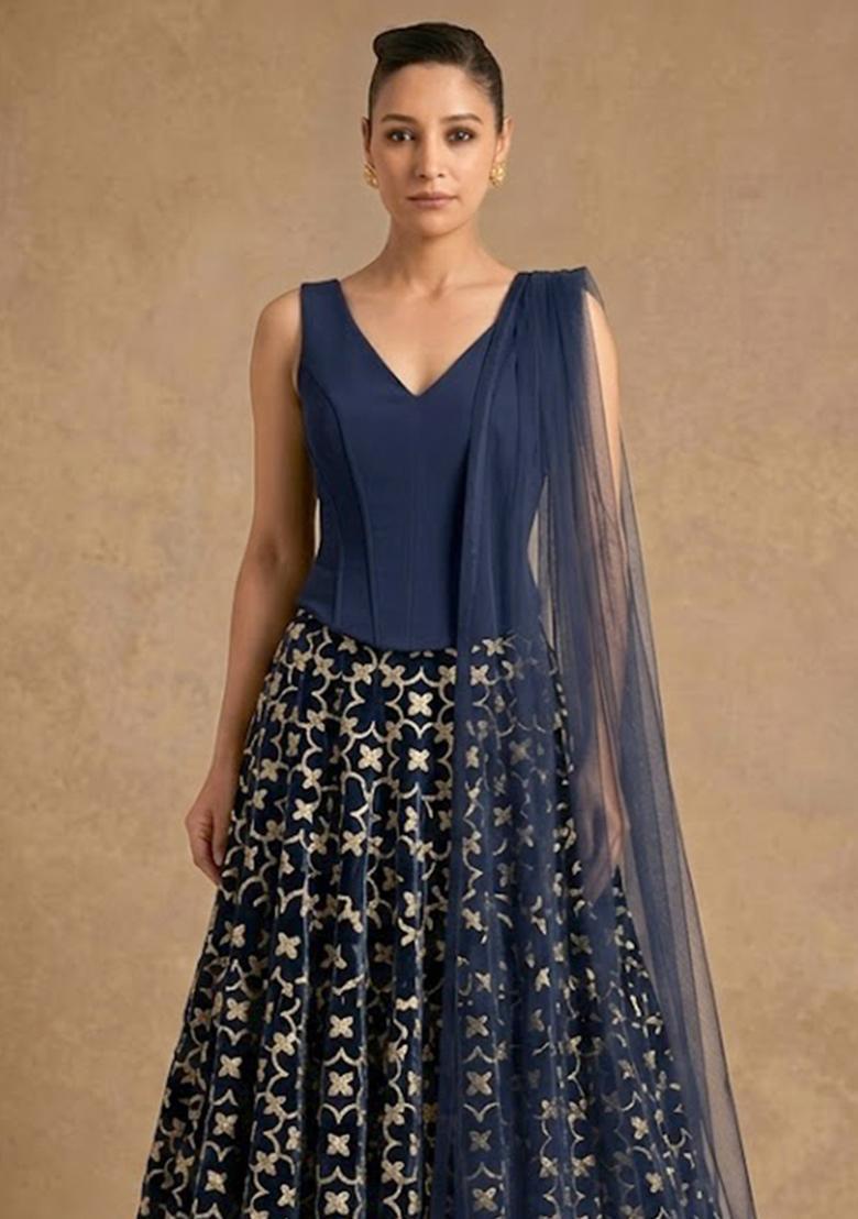 Navy Blue Silk Blend Lehenga Set - Indya