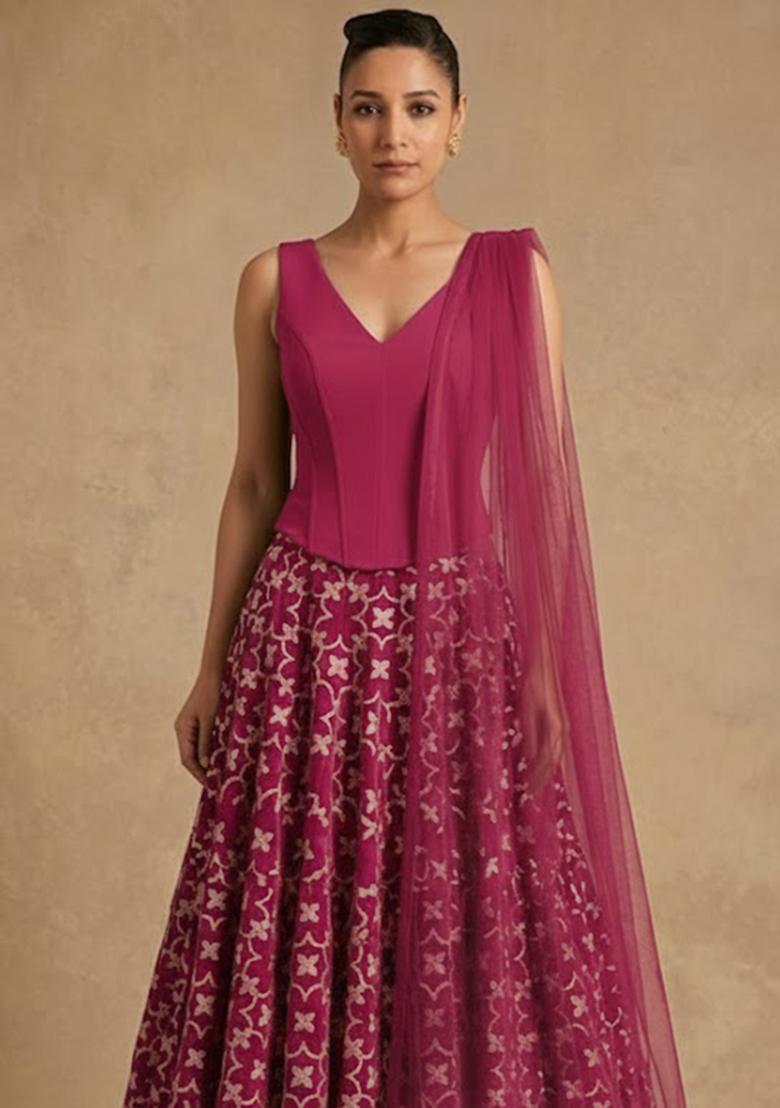 Rani Pink Silk Blend Lehenga Set - Indya