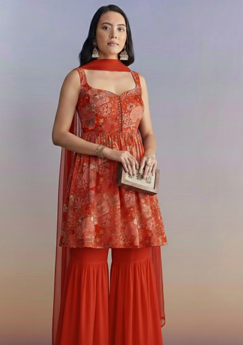 Red Embroidered Crepe Sharara Set - Indya