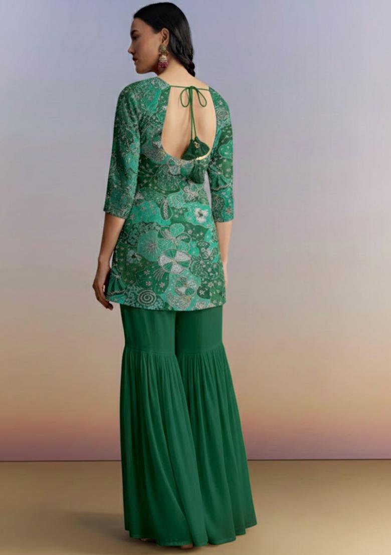 Emerald Green Embroidered Crepe Sharara Set - Indya