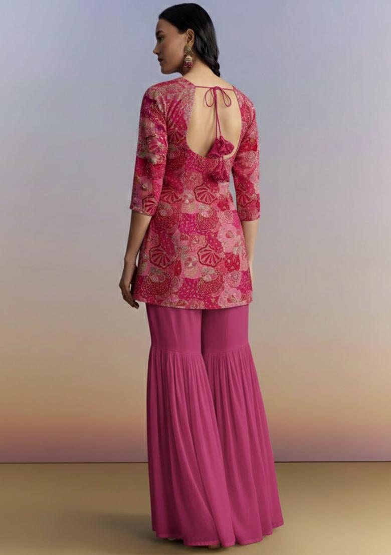 Rani Pink Embroidered Crepe Sharara Set - Indya