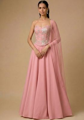 Pink Embroidered Tissue Lehenga Set