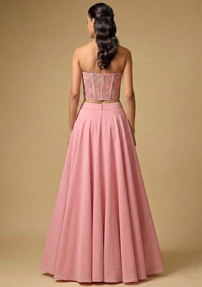 Pink Embroidered Tissue Lehenga Set - Indya