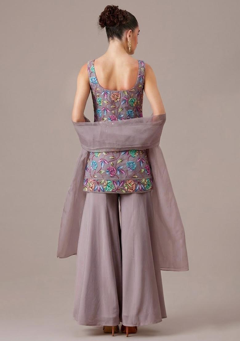 Mauve Sequin Crepe Sharara Set - Indya