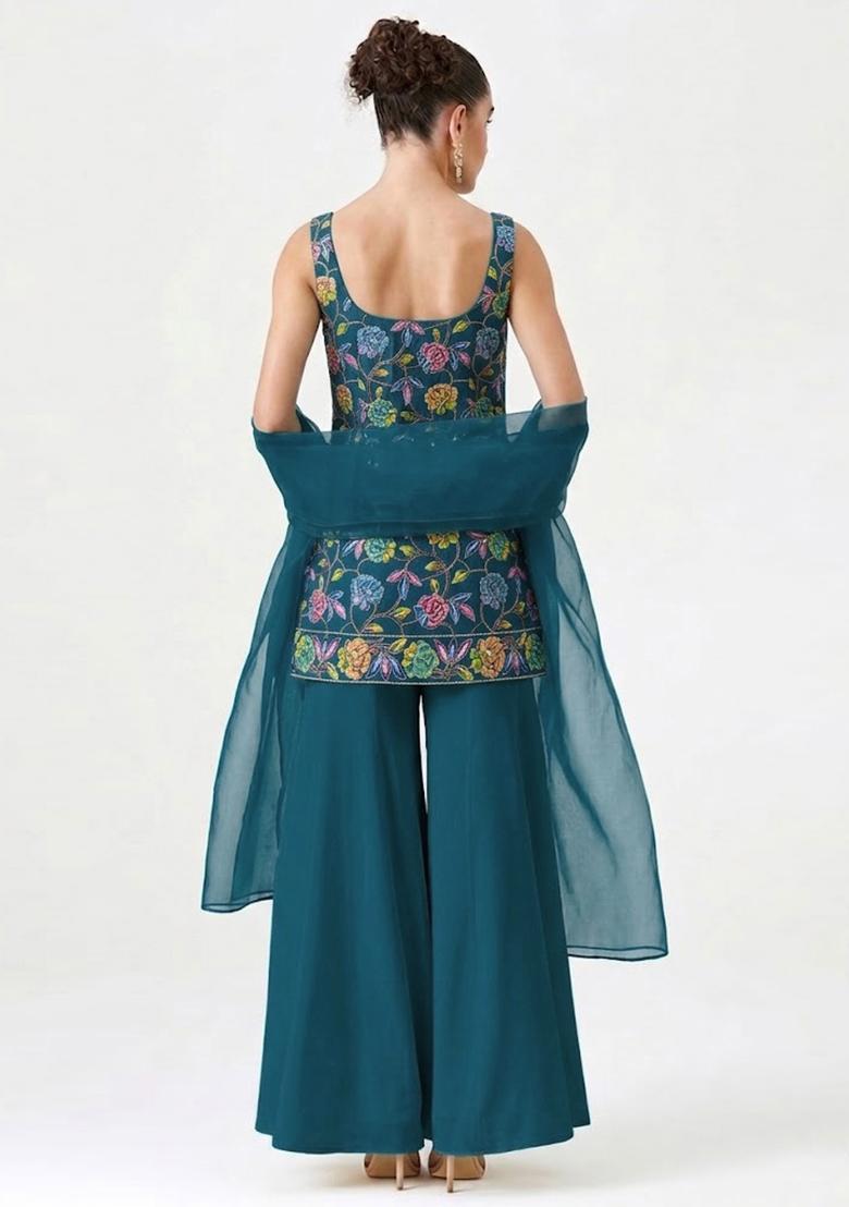 Teal Blue Sequin Crepe Sharara Set - Indya