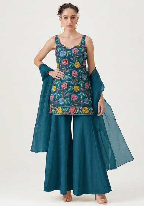 Teal Blue Sequin Crepe Sharara Set