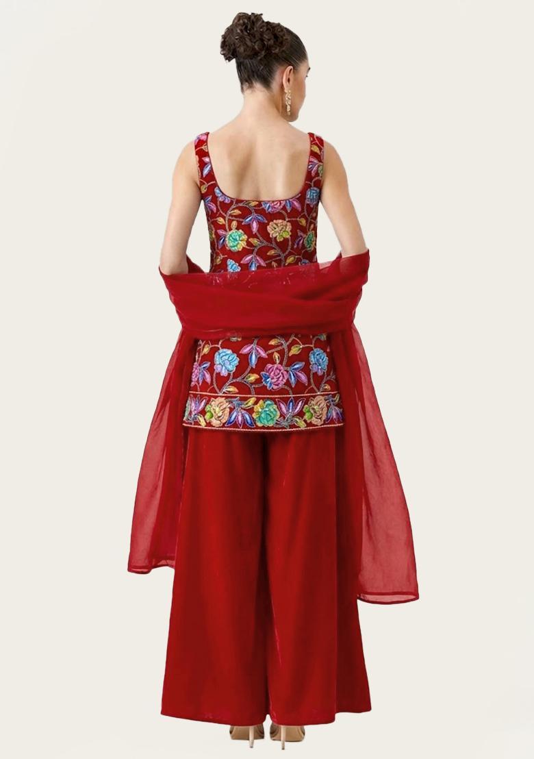 Red Sequin Crepe Sharara Set - Indya